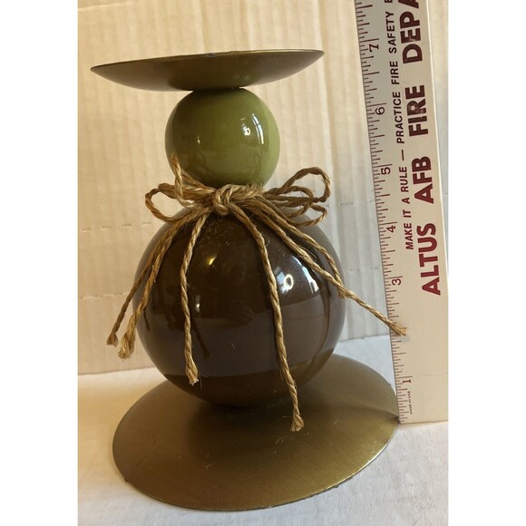 Vintage MCM Pillar Candle Holder Pair Green Brown Gold Stacked Round Minimalist - Picture 10 of 11
